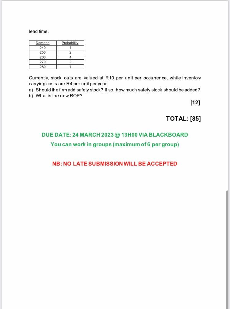 lead time. Currently, stock outs are valued at R10 per unit