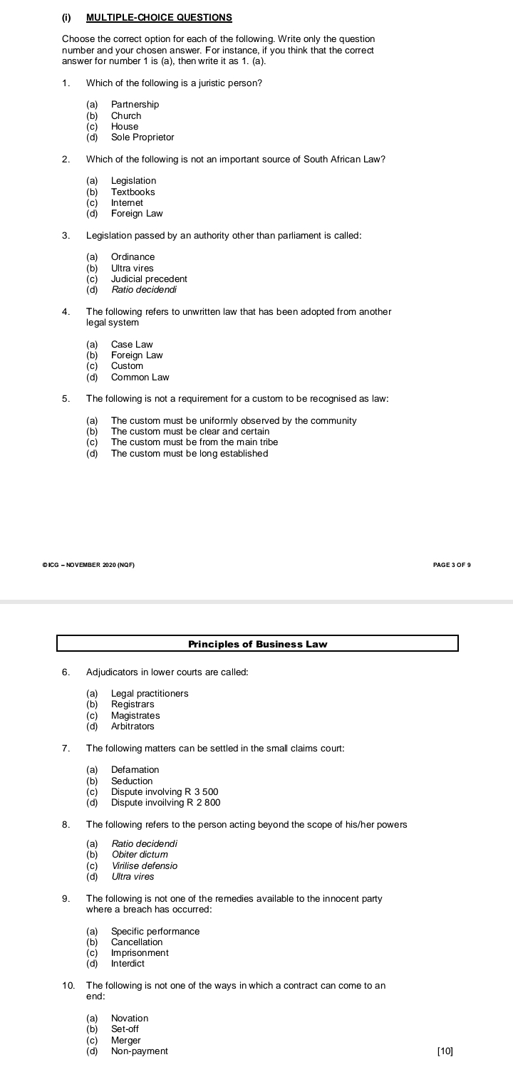  (i) MULTIPLE-CHOICE QUESTIONS Choose the correct option for each of the