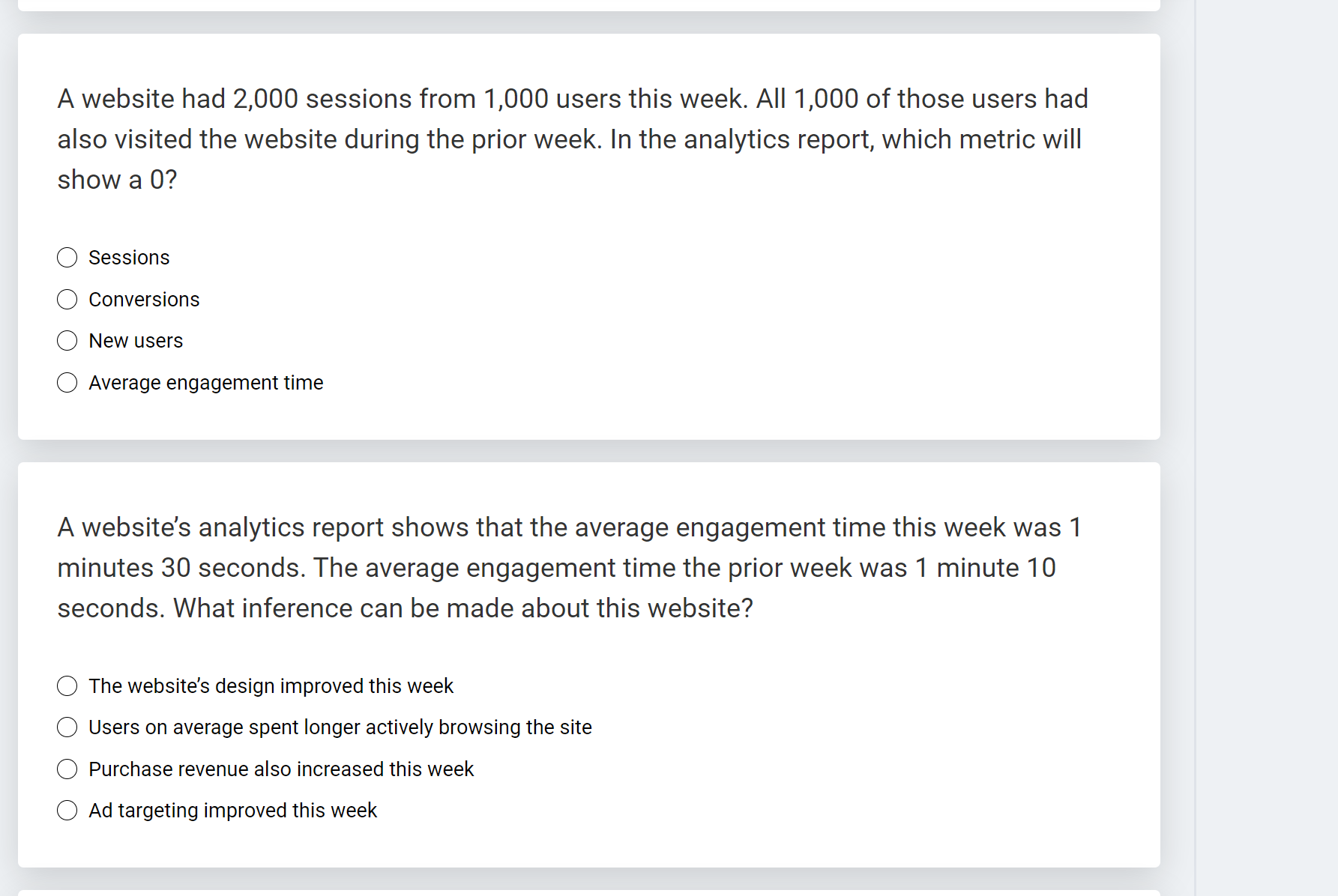  A website had 2,000 sessions from 1,000 users this week. All