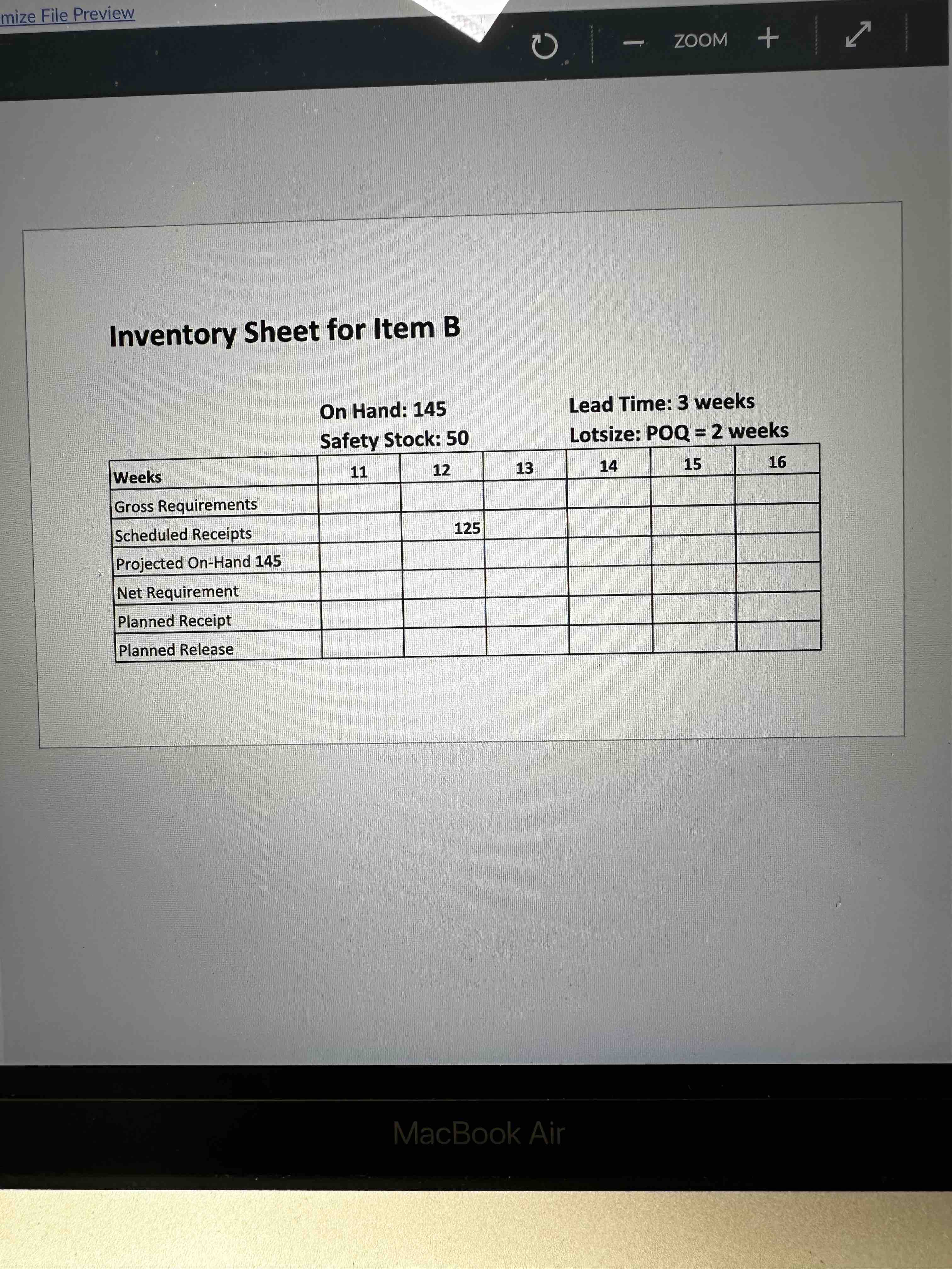 of materials. Note that the number in parentheses refers to the number