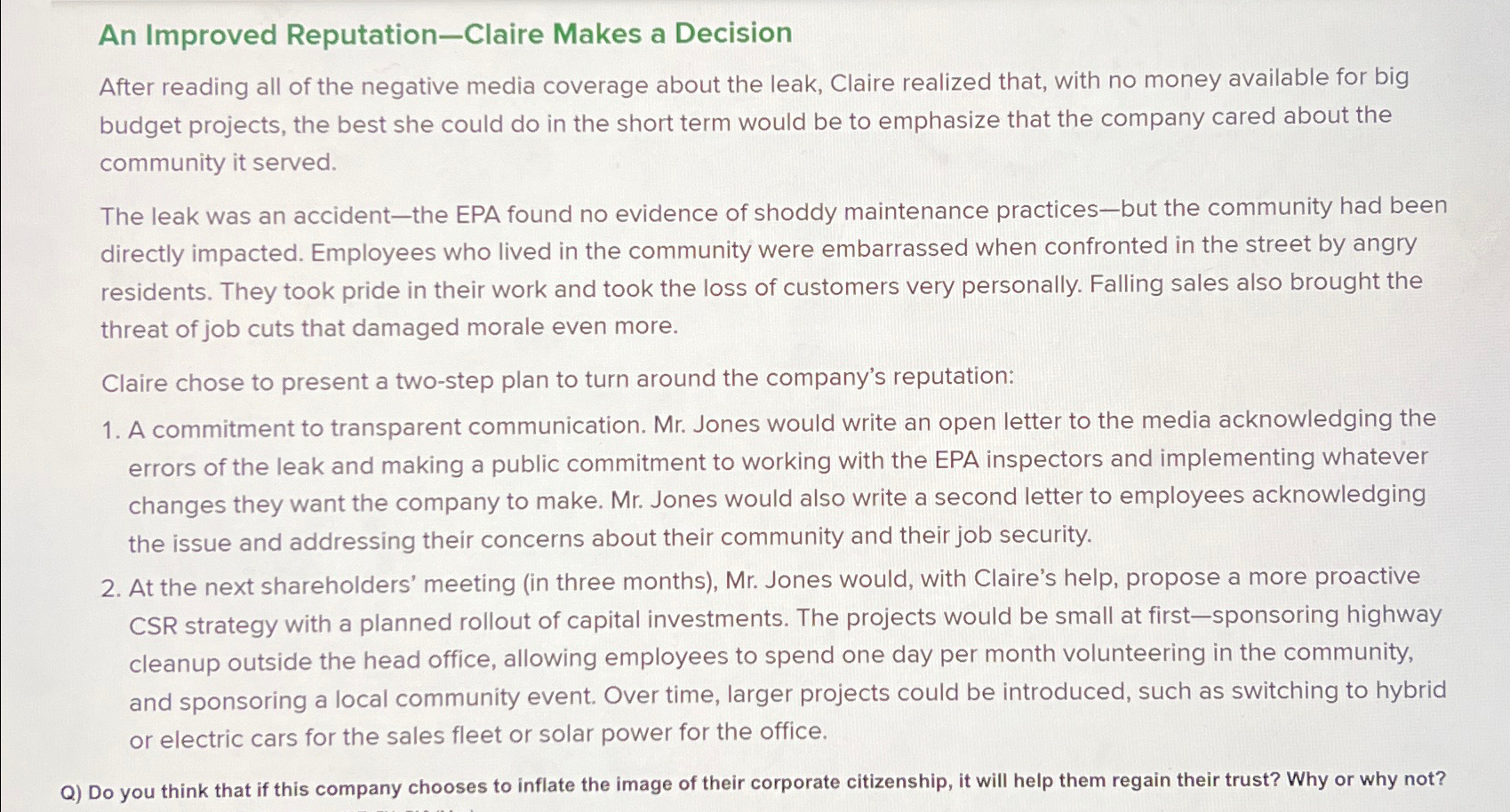  An Improved Reputation-Claire Makes a Decision After reading all of the