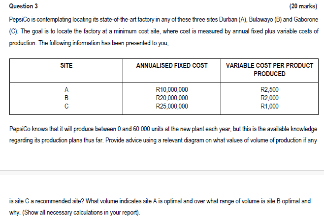  Question 3 (20 marks) PepsiCo is contemplating locating its state-of-the-art factory