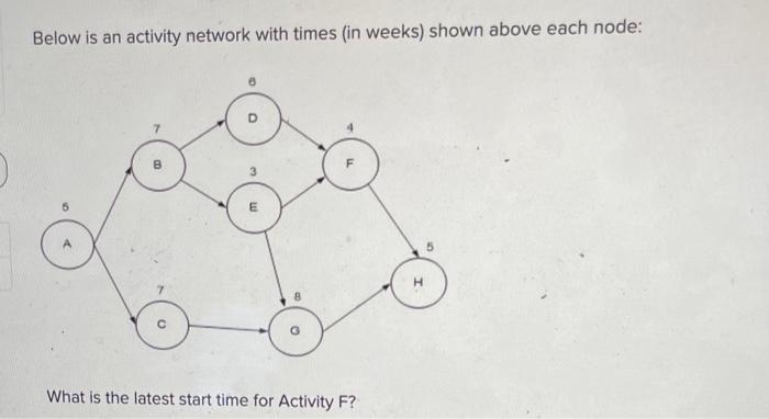  Below is an activity network with times (in weeks) shown above