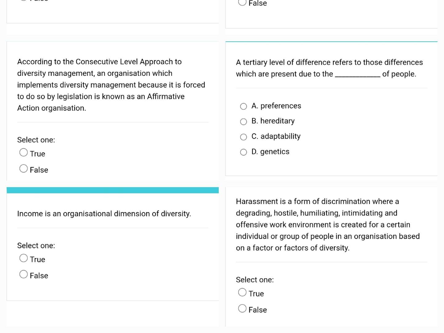 False According to the Consecutive Level Approach to diversity management, an