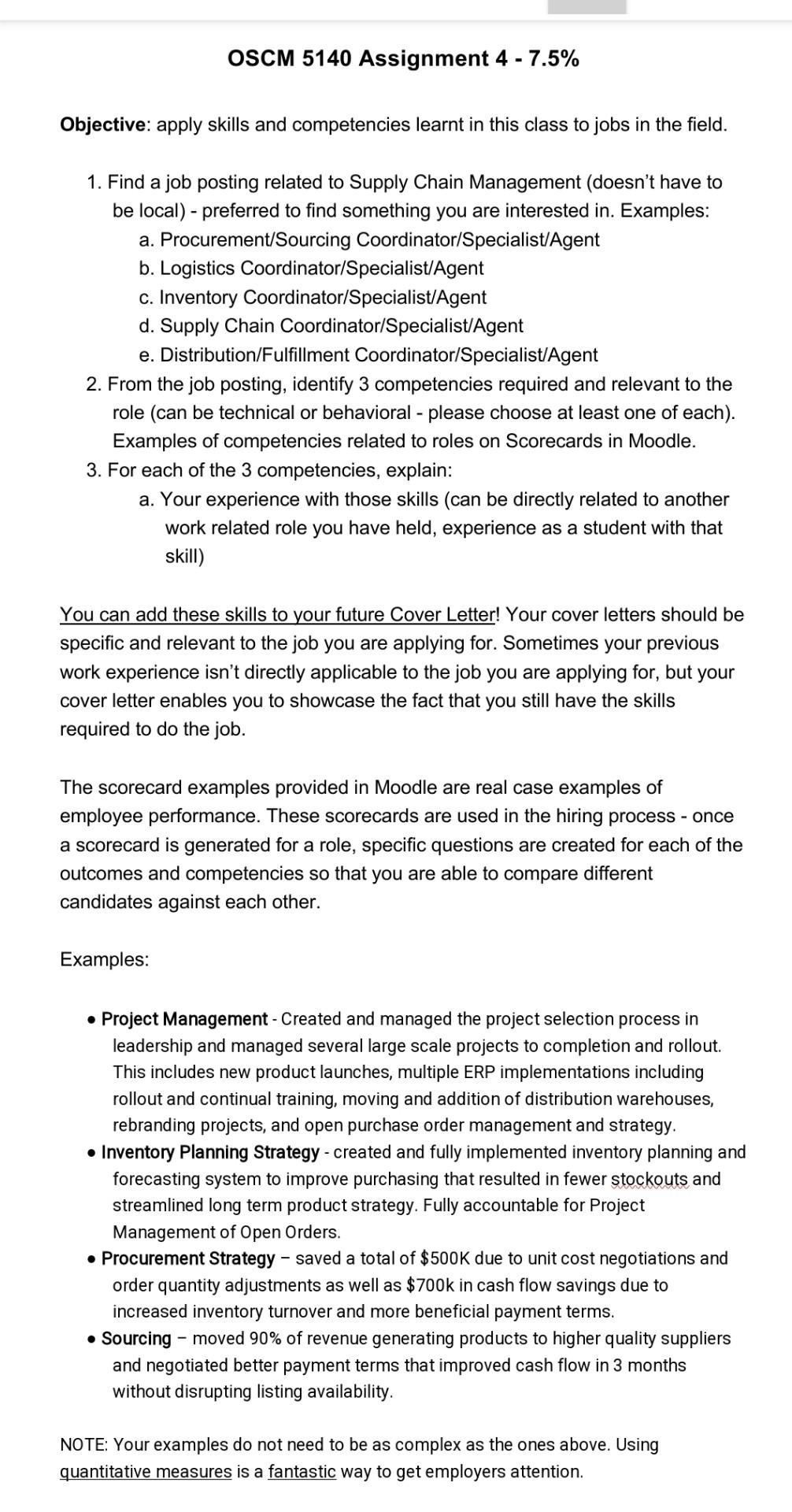  OSCM 5140 Assignment 4 - 7.5\% Objective: apply skills and competencies