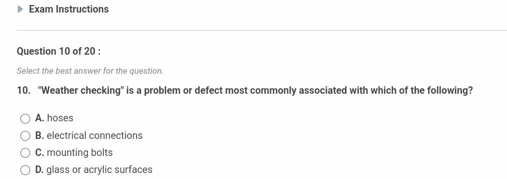  Exam Instructions Question 10 of 20 : Select the best answer