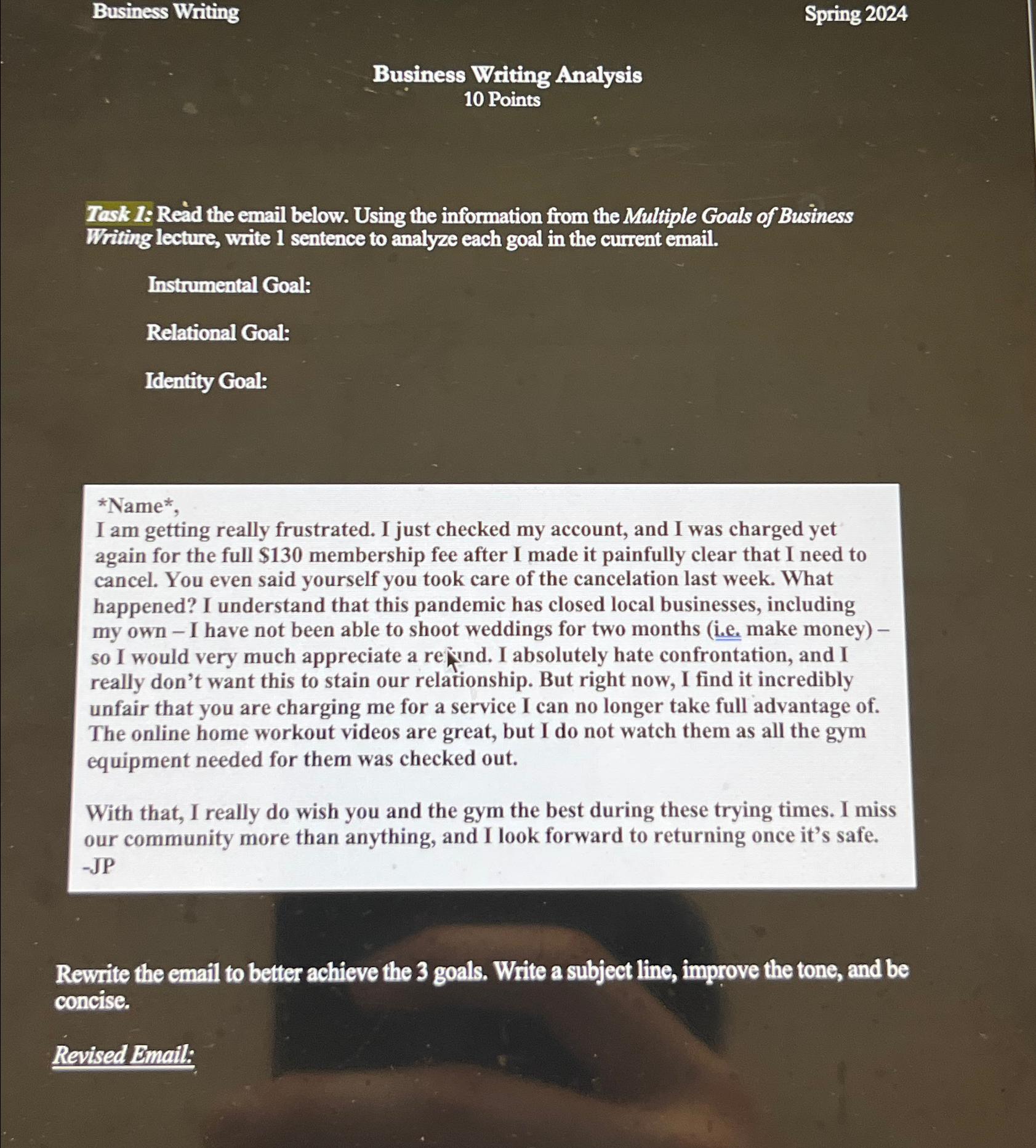  Business Writing Spring 2024 Business Writing Analysis 10 Points Task 1: