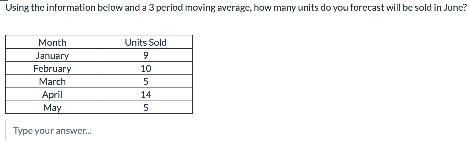 Using the information below and a 3 period moving average, how