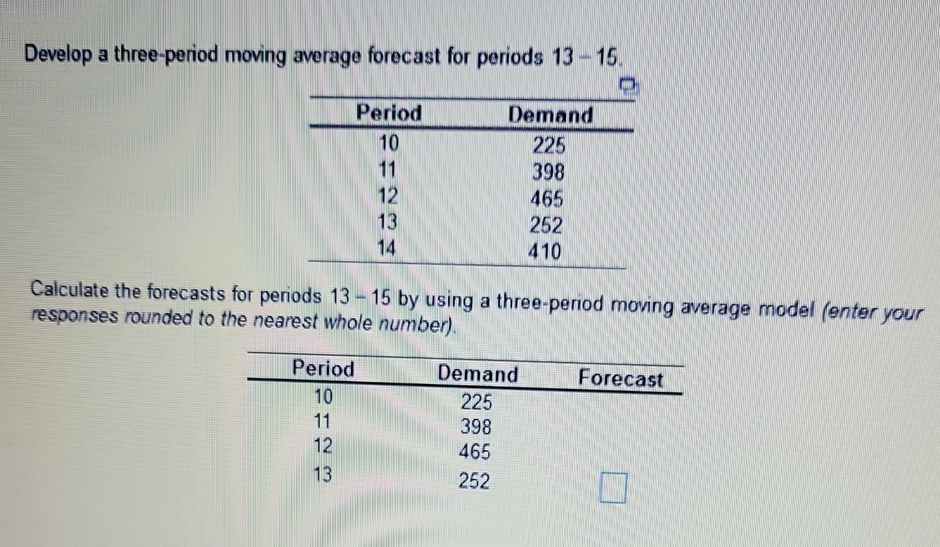 Develop a three-period moving average forecast for periods 1315. Calculate the