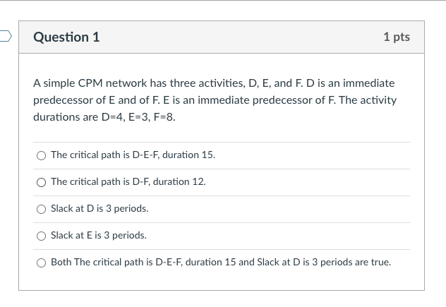  A simple CPM network has three activities, D, E, and F.