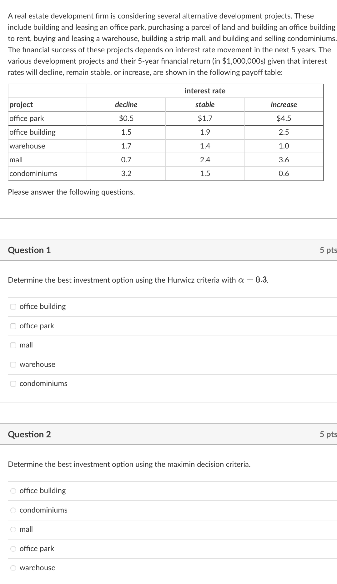  A real estate development firm is considering several alternative development projects.