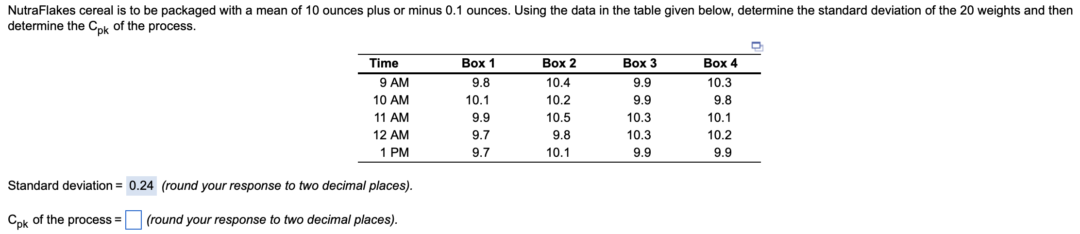  Standard deviation = (round your response to two decimal places). Cpk