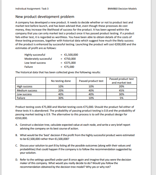  Individual Assignment: Task 3 BNM860 Decision Models New product development problem
