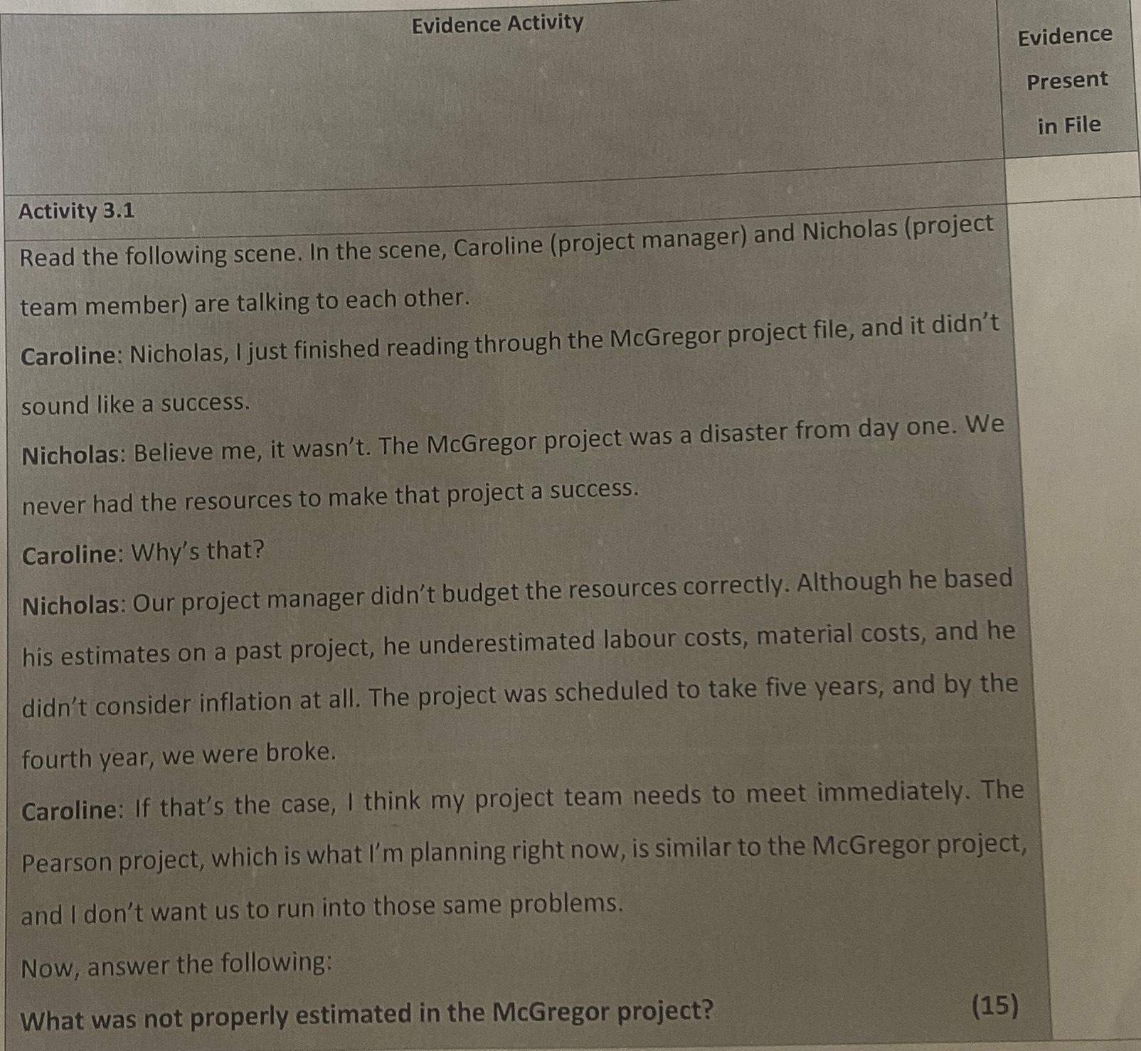  Evidence Activity Evidence Present in File Activity 3.1 Read the following