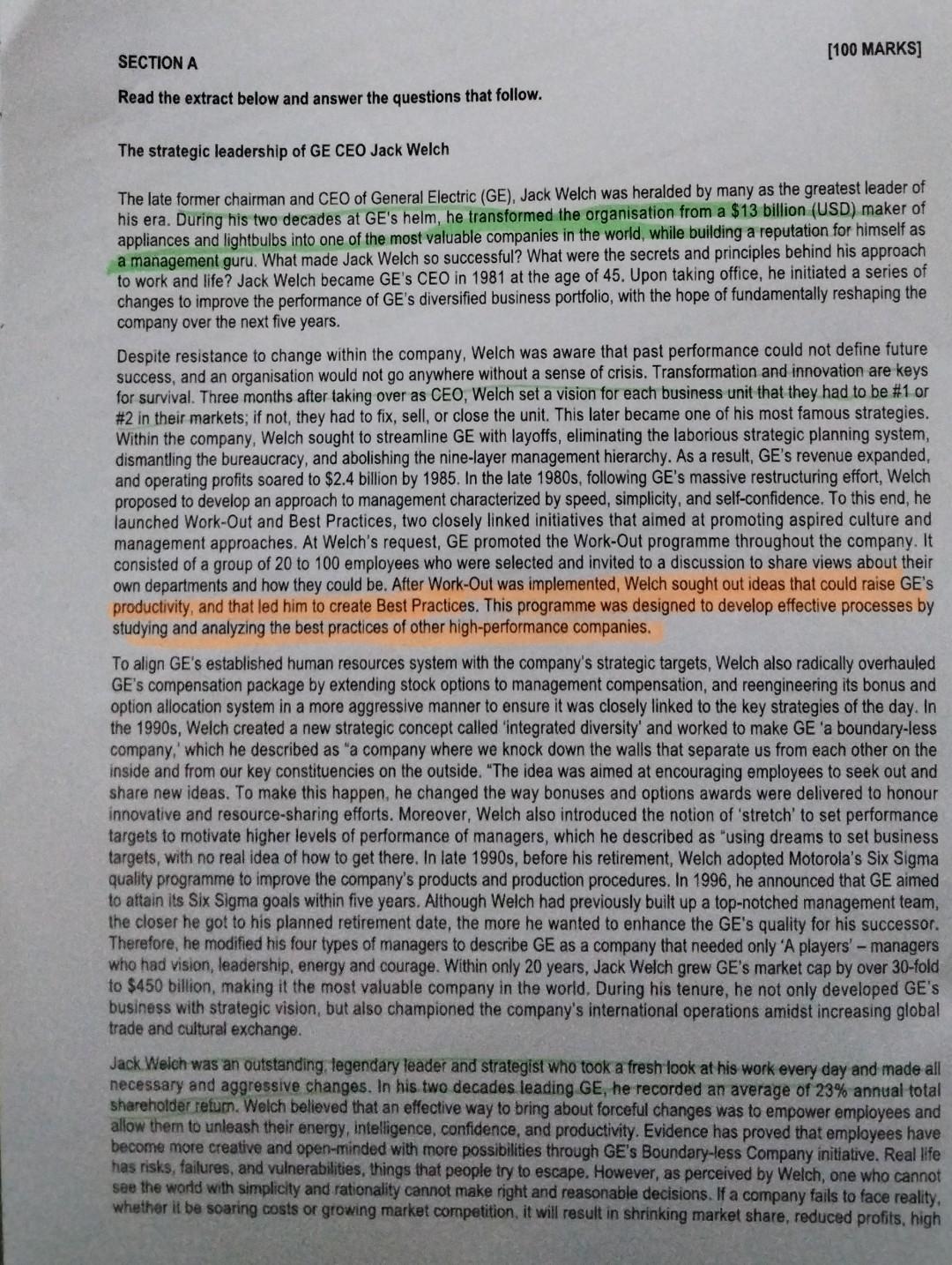 questions that follow. The strategic leadership of GE CEO Jack Welch The