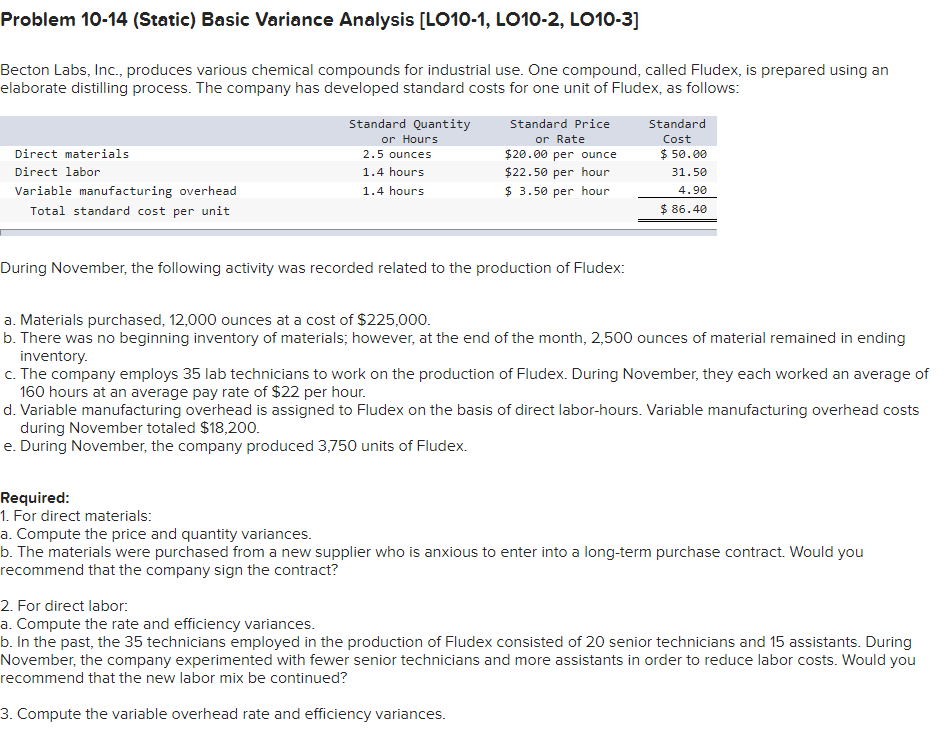  Problem 10-14 (Static) Basic Variance Analysis [LO10-1, LO10-2, LO10-3] Becton Labs,