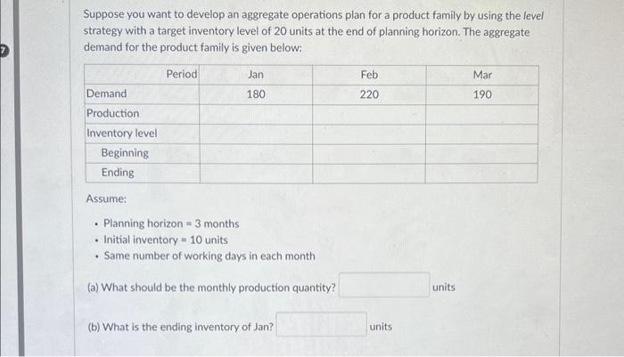  Suppose you want to develop an aggregate operations plan for a