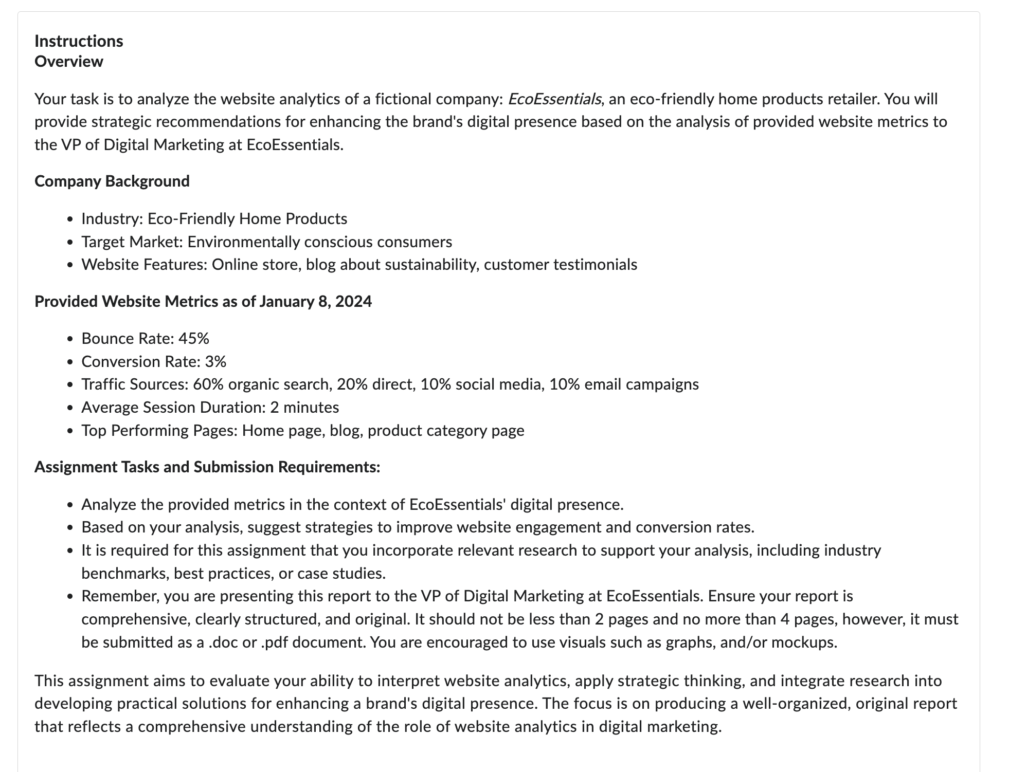  Instructions Overview Your task is to analyze the website analytics of