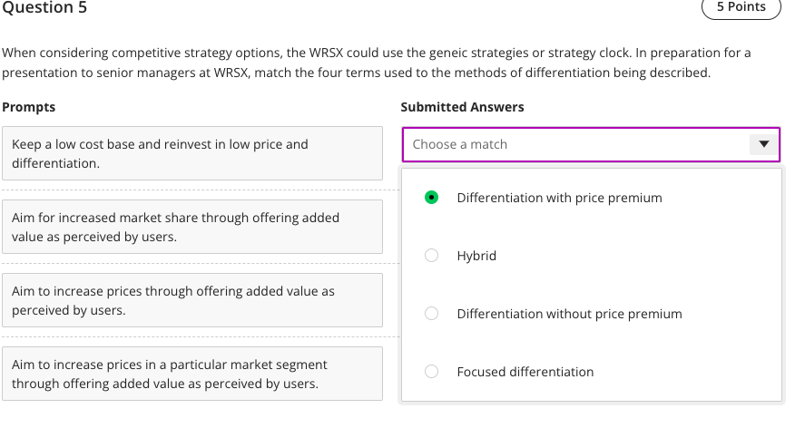  When considering competitive strategy options, the WRSX could use the geneic