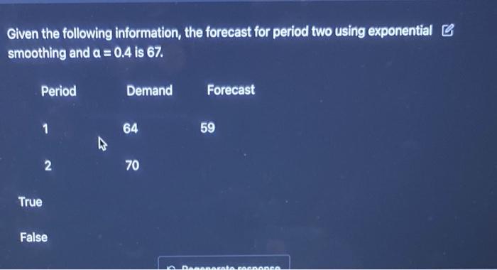  Given the following information, the forecast for period two using exponential