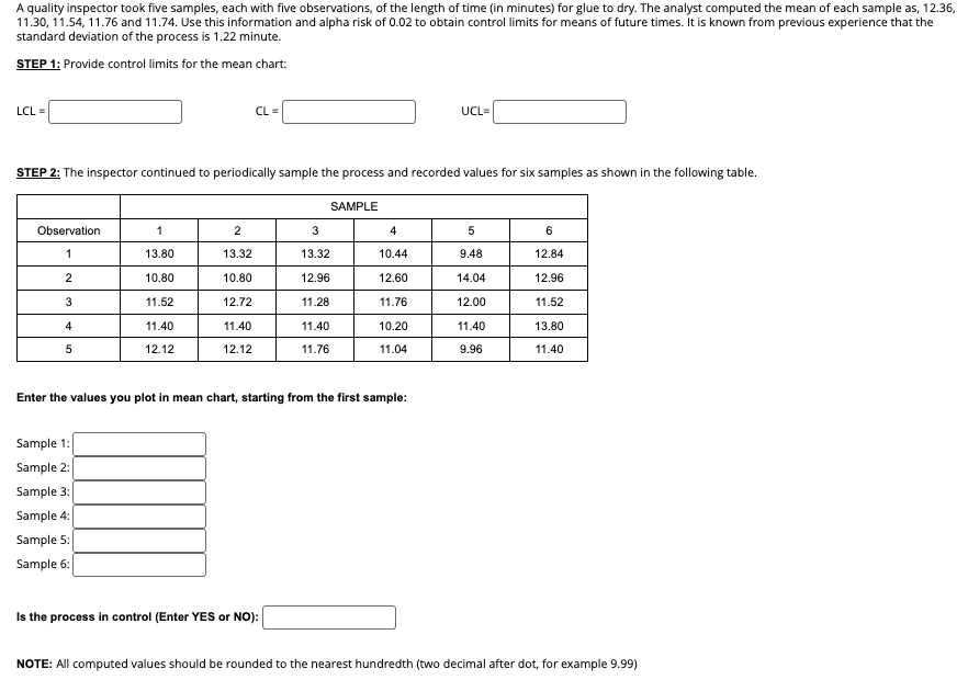  A quality inspector took five samples, each with five observations, of