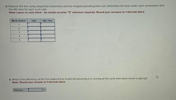 Determine the task under each workstation and the idle time for each