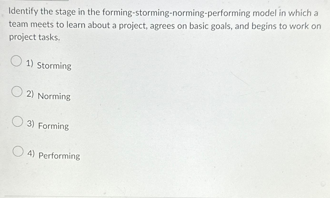 Identify the stage in the forming-storming-norming-performing model in which a team