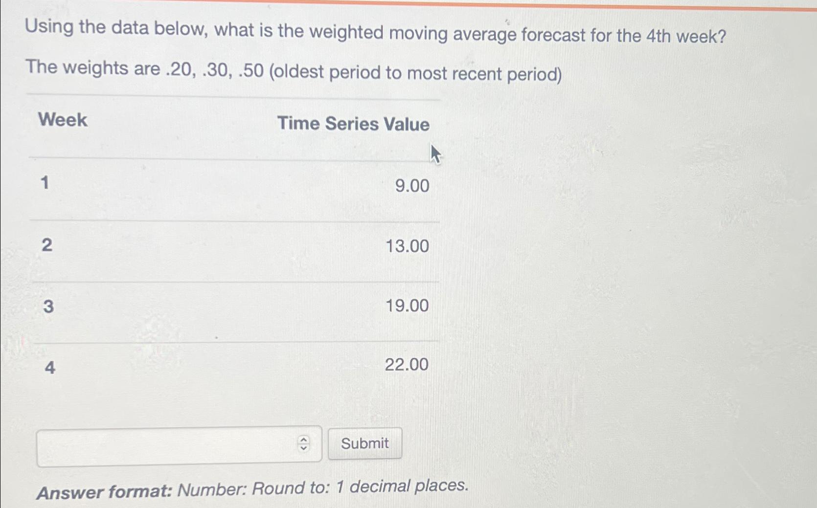  Using the data below, what is the weighted moving average forecast