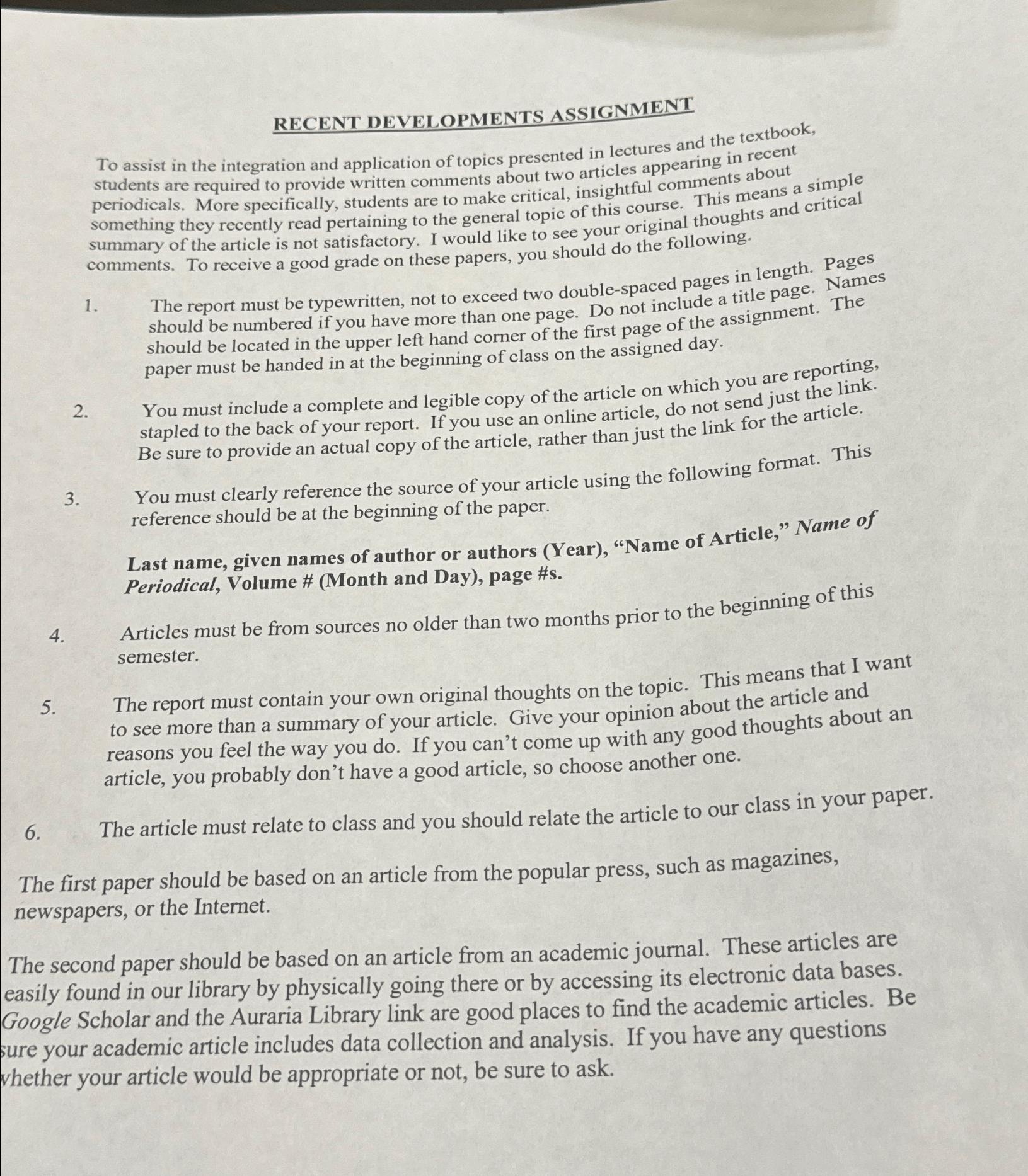  RECENT DEVELOPMENTS ASSIGNMENT To assist in the integration and application of