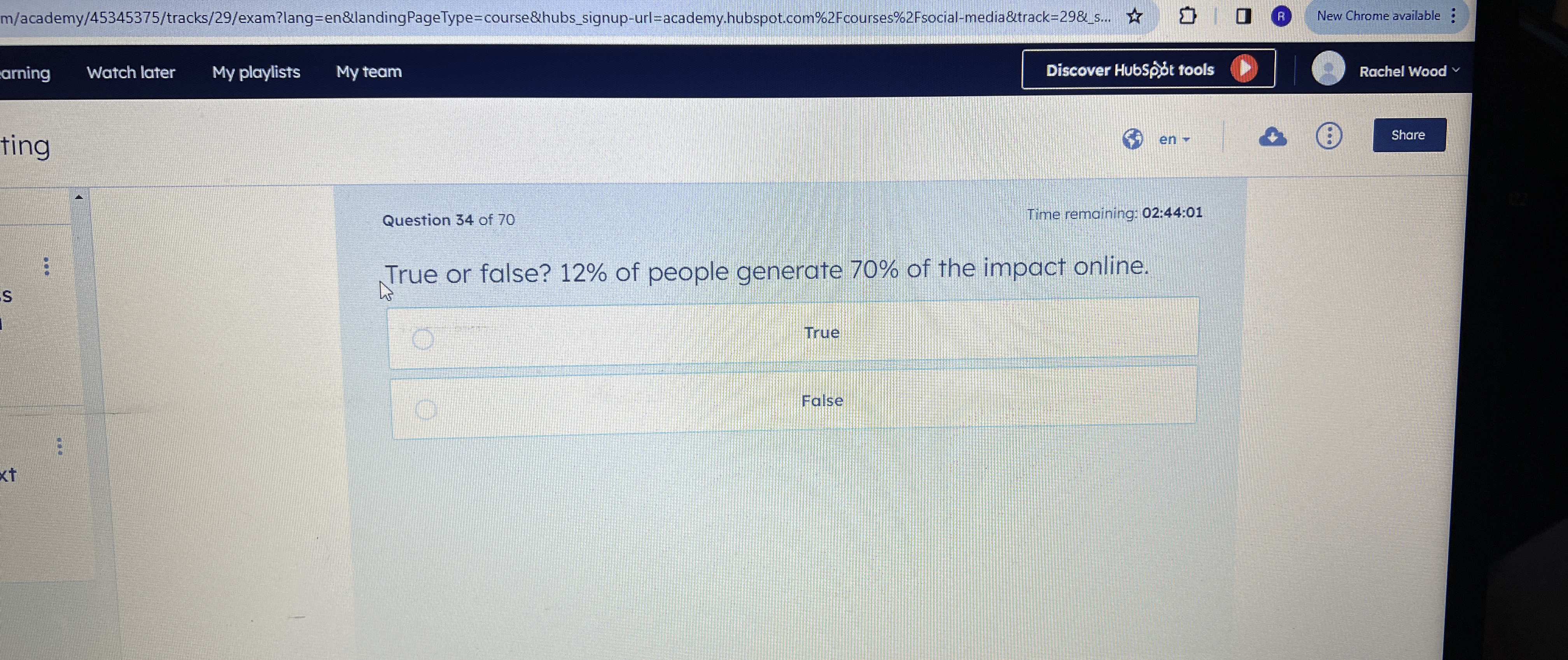  m/academy/45345375/tracks/29/exam?lang=en&landingPageType=course&hubs_signup-url= academy.hubspot.com%2Fcourses%2Fsocial-media&track=29&_s... New Chrome available Watch later My playlists My team