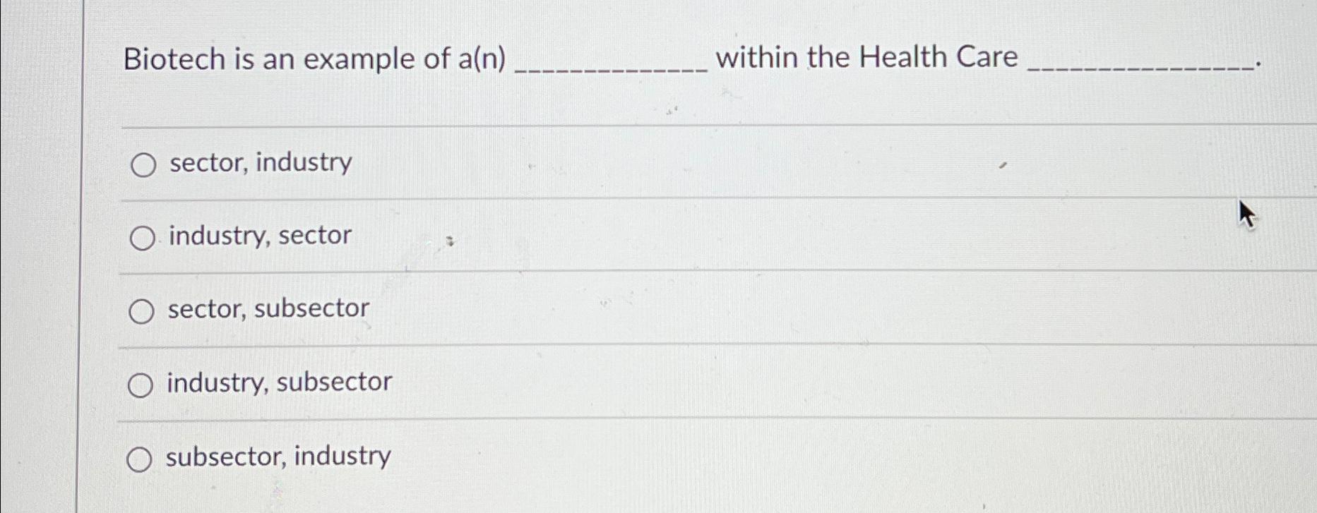  Biotech is an example of a(n) within the Health Care sector,