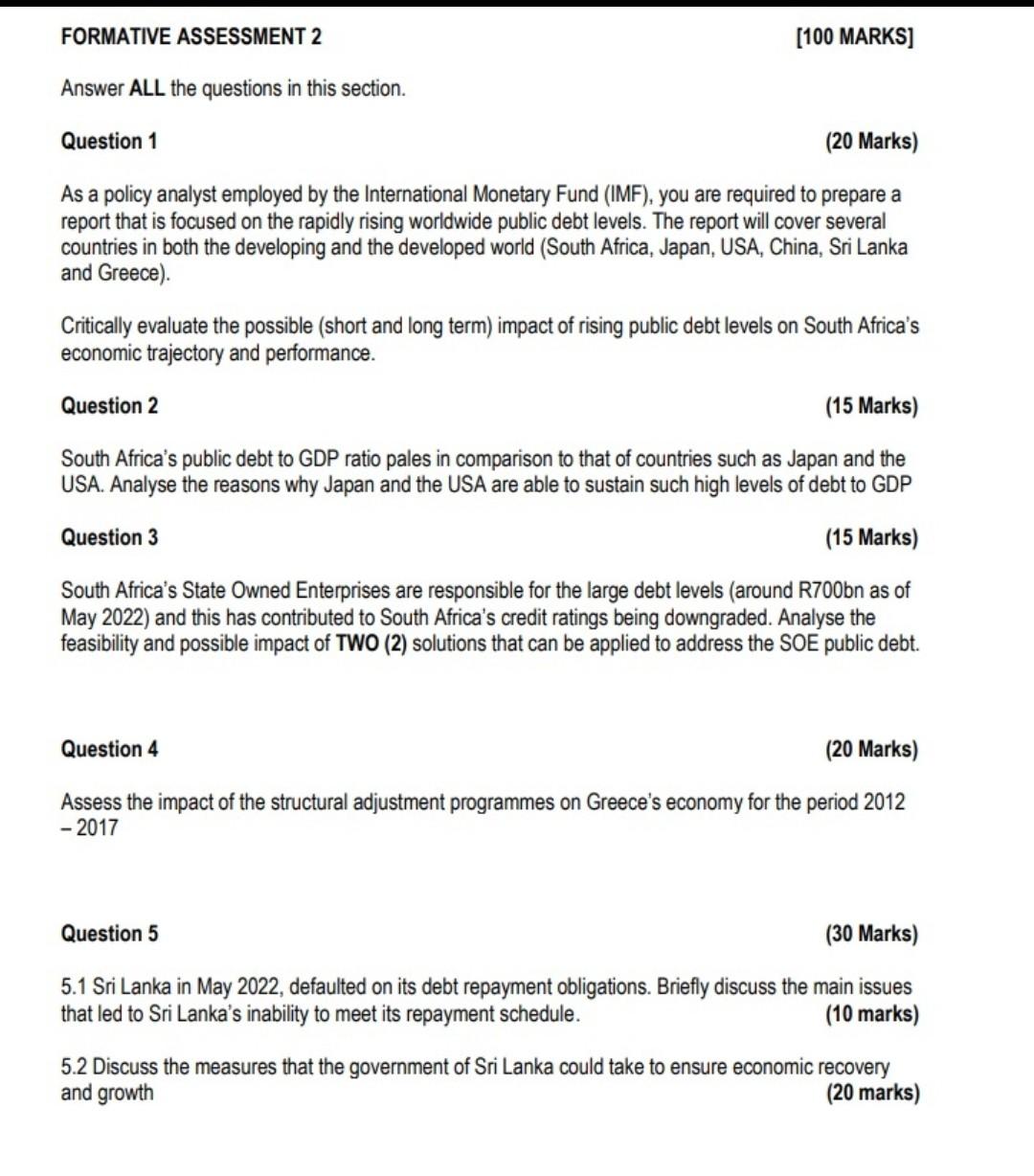  FORMATIVE ASSESSMENT 2 [100 MARKS] Answer ALL the questions in this