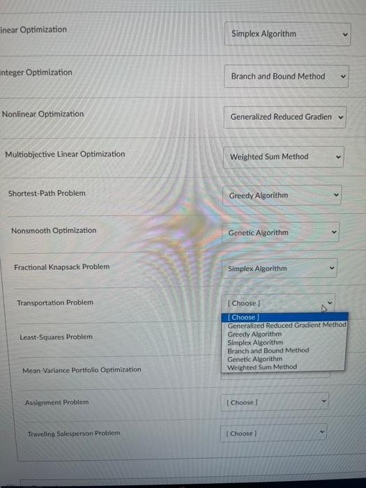 Please identify the class of optimization used for each optimization problem. inear