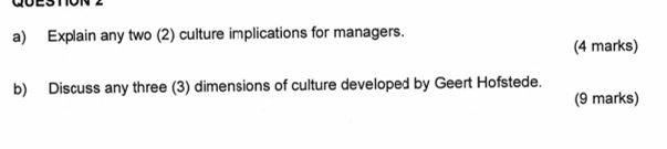  a) Explain any two (2) culture implications for managers. b) Discuss