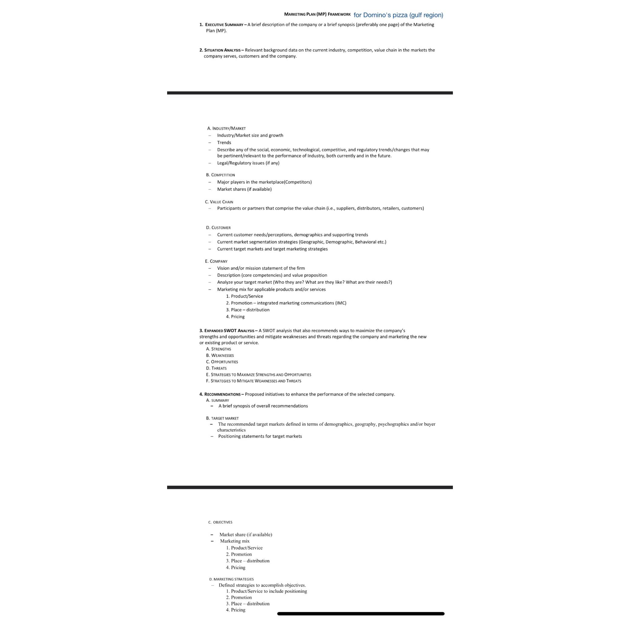  Marketing Plan (MP) Framework for Domno's pizza EXeCUTIVE Summary - A