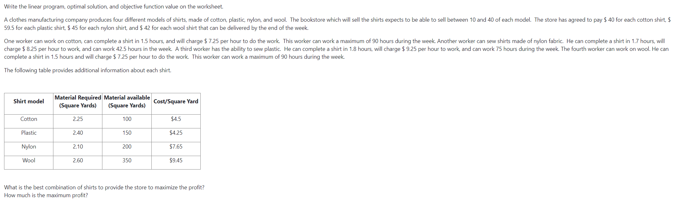  Write the linear program, optimal solution, and objective function value on