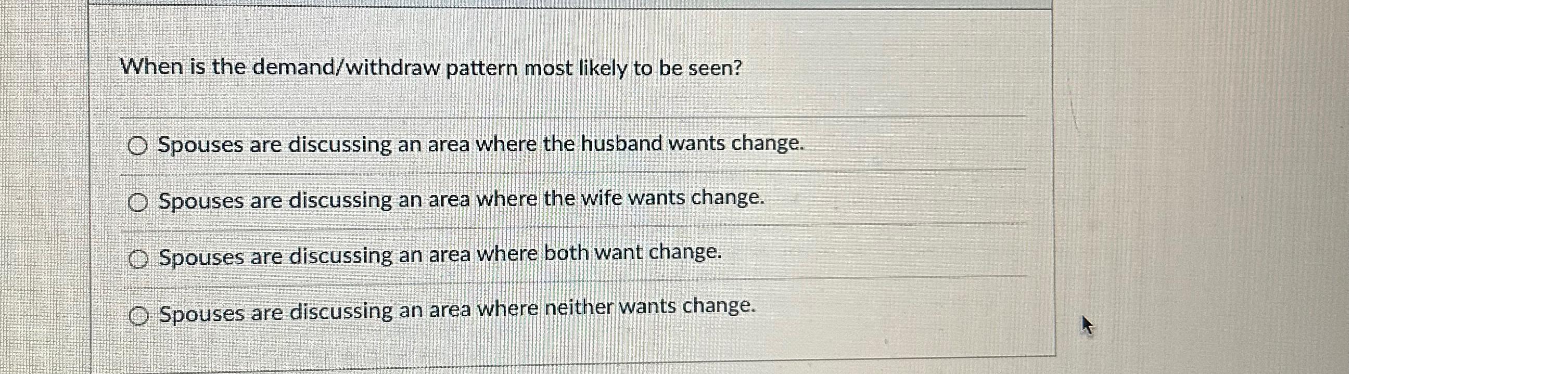  When is the demand/withdraw pattern most likely to be seen? Spouses