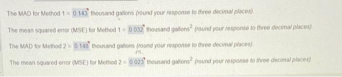  The MAD for Method 1=0.143 thousand gallons (round your response fo