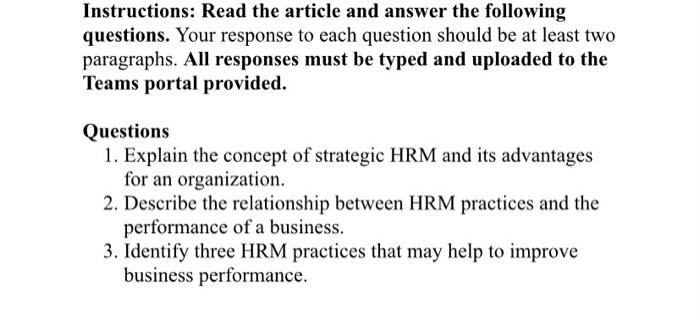  Instructions: Read the article and answer the following questions. Your response