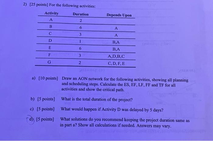  2) [25 points] For the following activities: a) [10 points] Draw