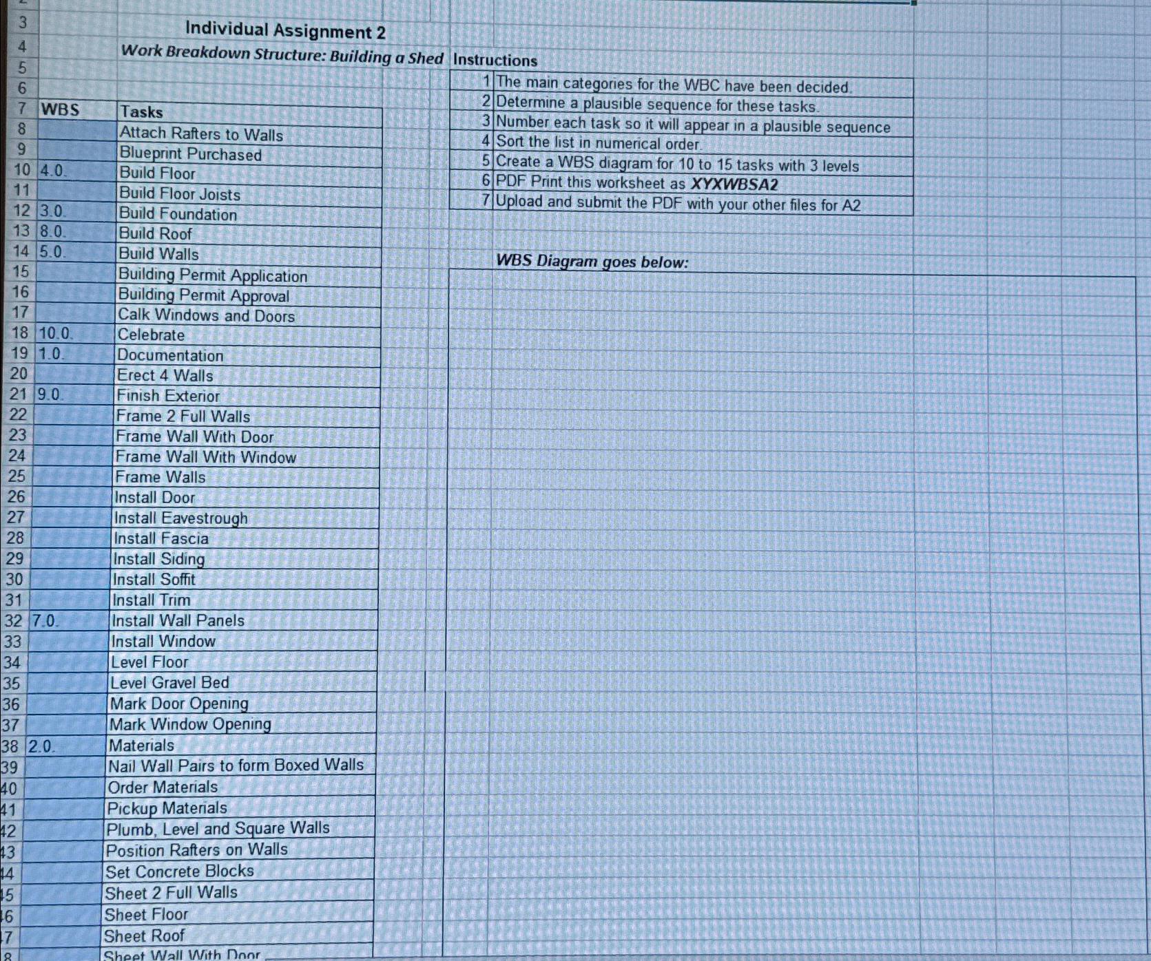  Individual Assignment 2 Work Breakdown Structure: Building a Shed Instructions \table[[1,The