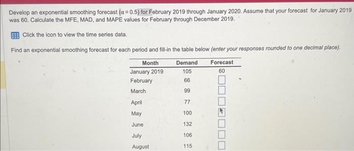PLEASE SOLVE. the table Develop an exponential smoothing forecast (=0.5) for February