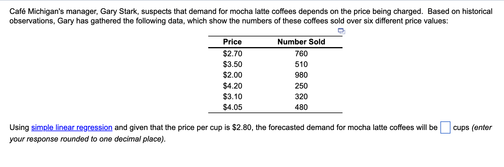  Caf Michigan's manager, Gary Stark, suspects that demand for mocha latte