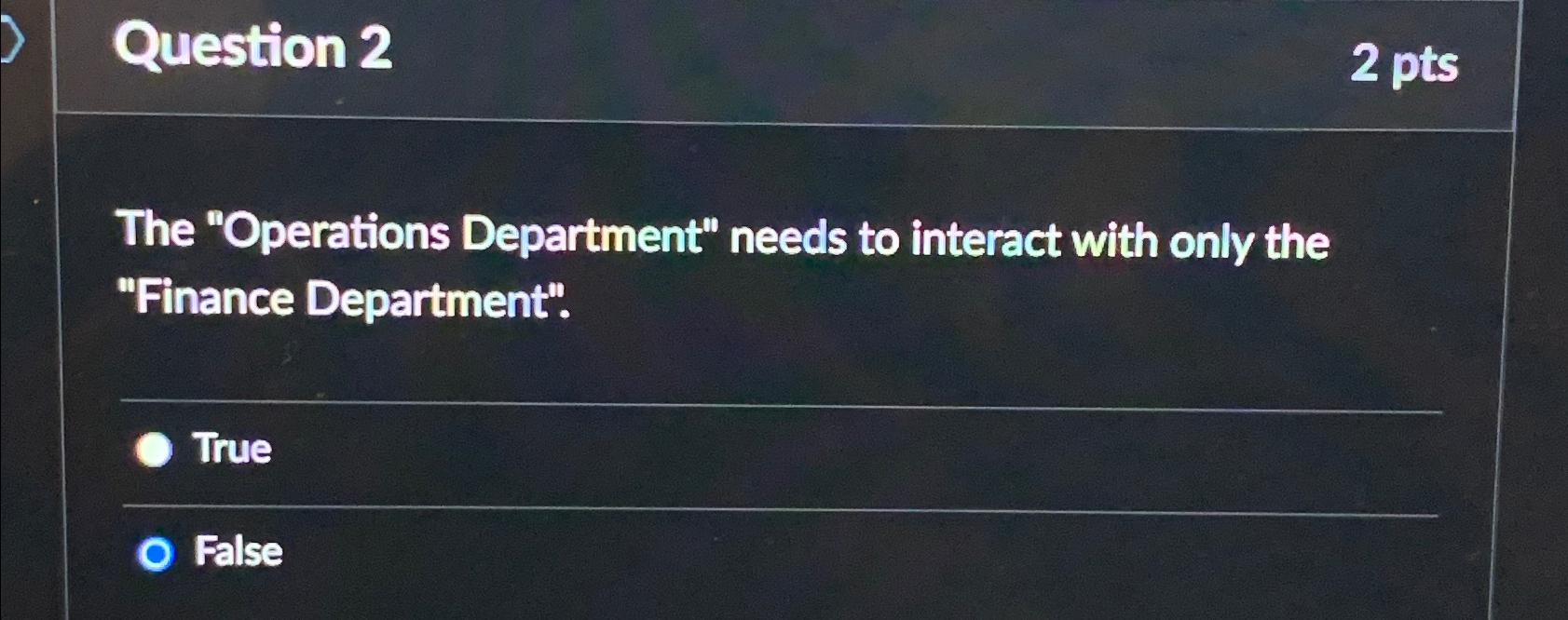  Question 2 2 pts The "Operations Department" needs to interact with