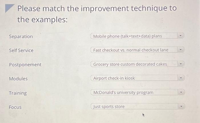  Please match the improvement technique to the examples: Separation. Self Service