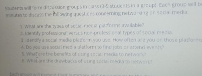  Students will form discussion groups in class (3-5 students in a