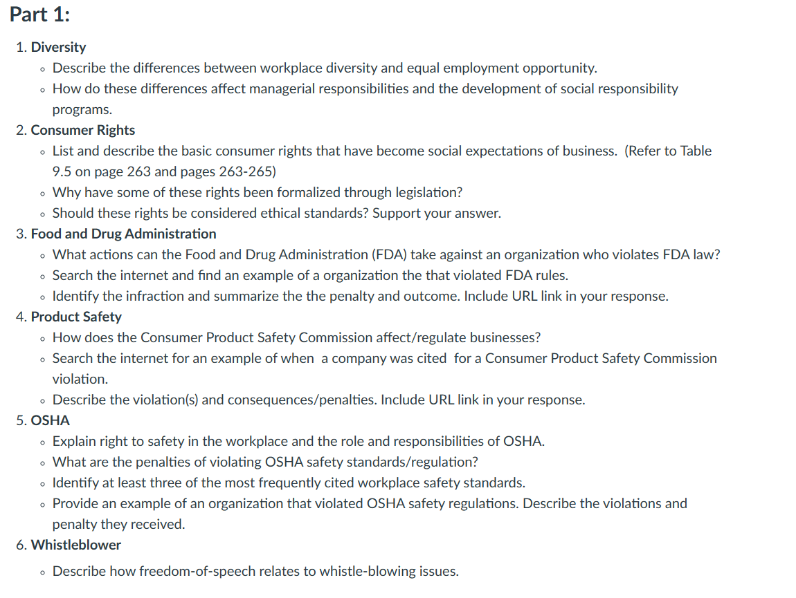 1. Diversity - Describe the differences between workplace diversity and equal