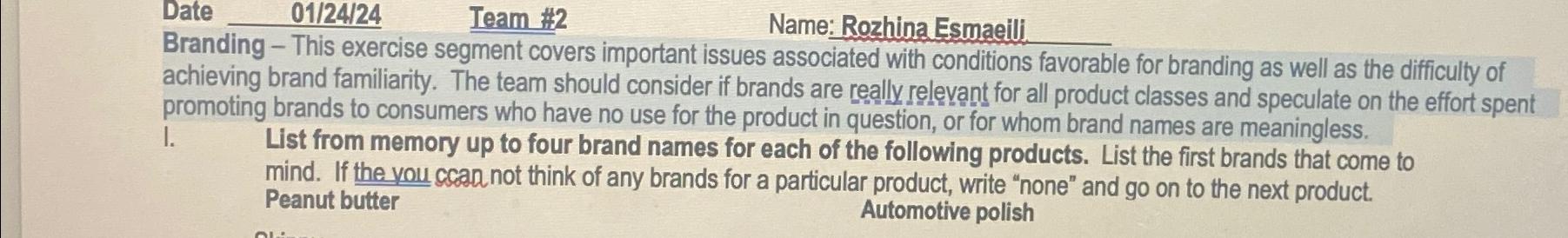  Date 0124?24 Team #2 Name: Rozhina Esmaeili Branding - This exercise
