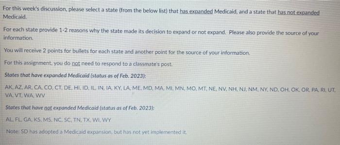  For this week's discussion, please select a state (from the below