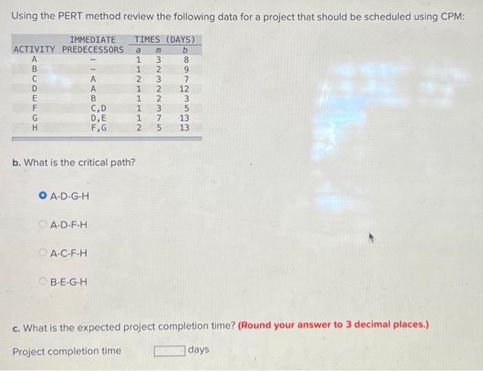  Using the PERT method review the following data for a project